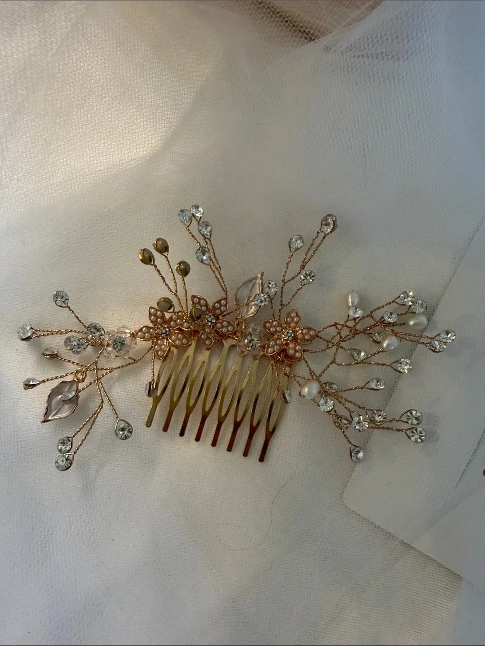 Bridal Rose Gold Pearl & Crystal Floral Hair Comb by Pink Pewter